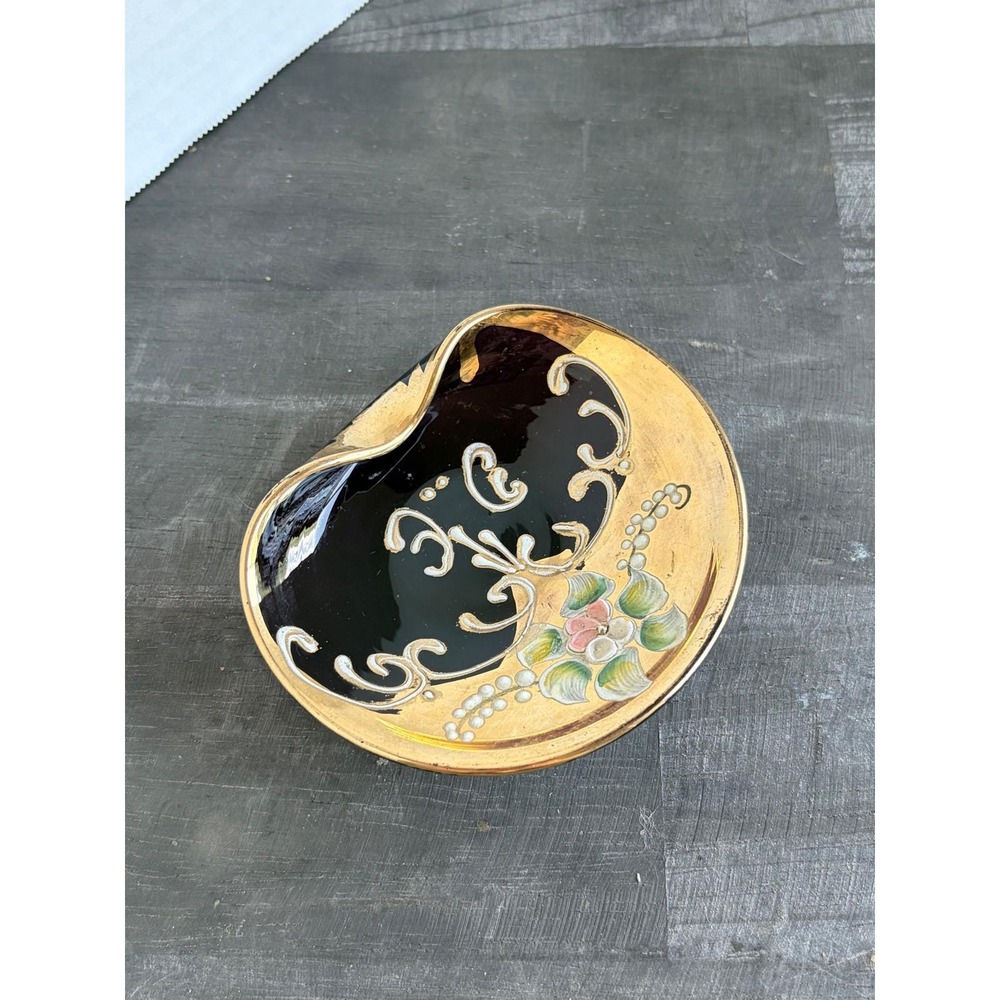 Vintage Murano Amethyst Glass Trinket Dish Gold Leaf Hand Painted Floral 4.5"